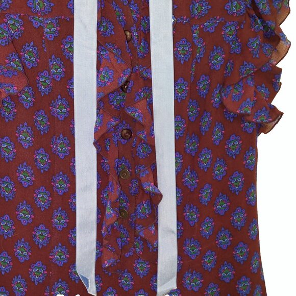 ANNA SUI FW09 Medallion Print Ruffle Tier Silk Blend Mini Dress Velvet Trim 6 - Picture 6 of 7